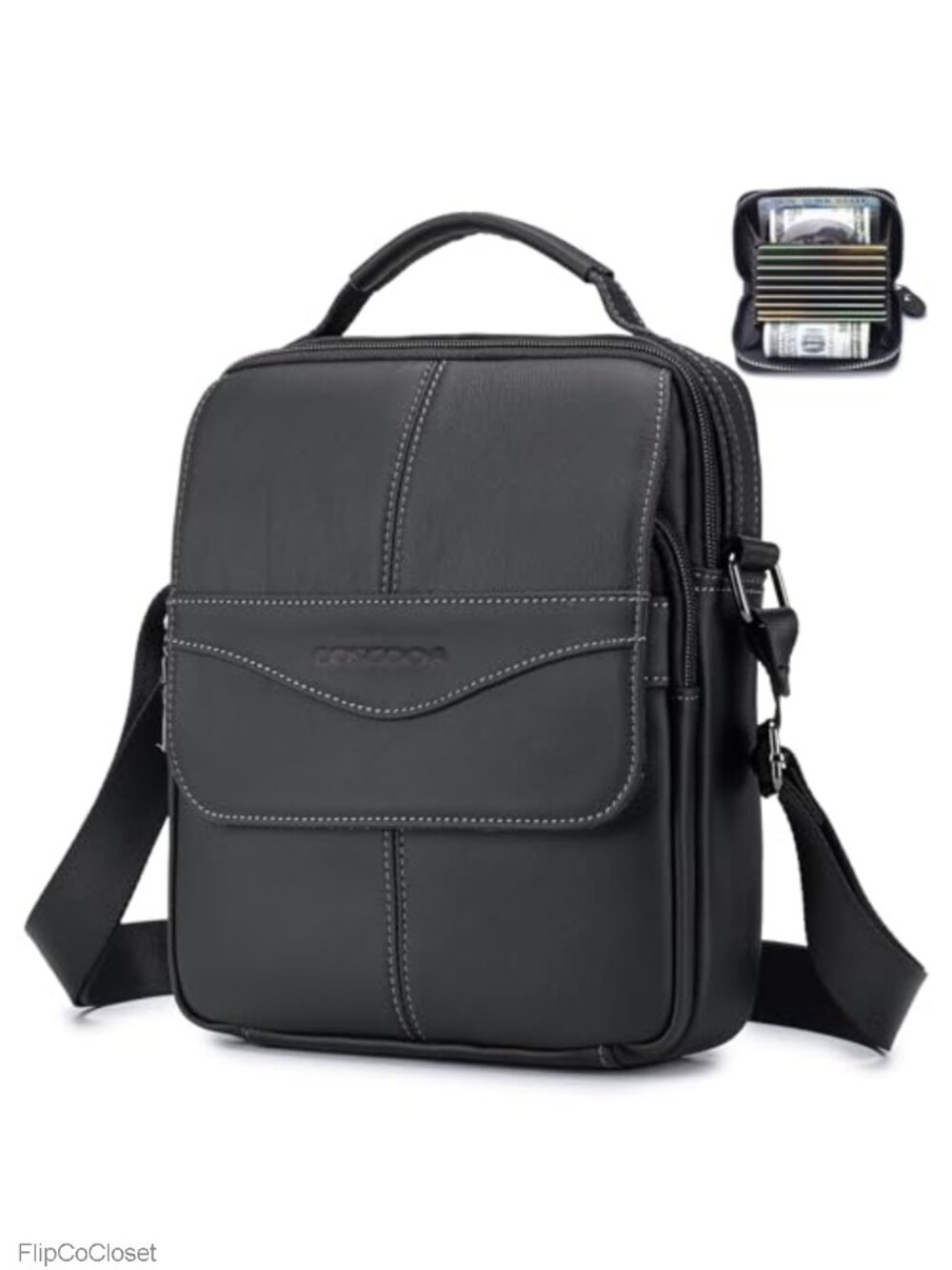 Genuine Cowhide Leather Messenger Shoulder Crossbody Bag for Men with Credit